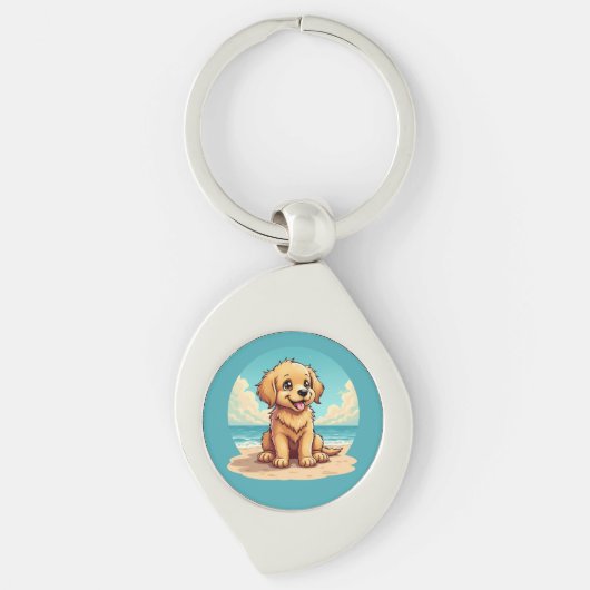 Cute Golden Puppy at Sunny Beach Scene Sleutelhanger (Voorkant)