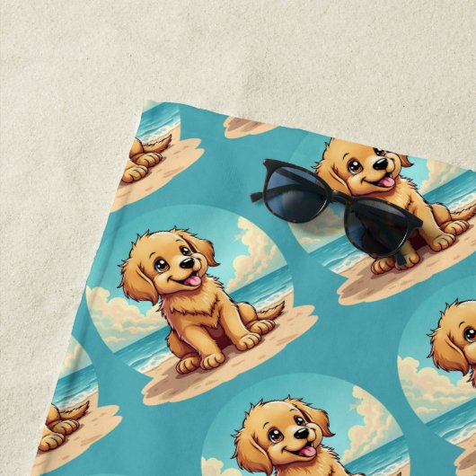 Cute Golden Puppy at Sunny Beach Scene Strandlaken (In situ)