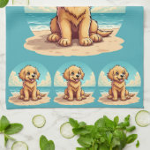 Cute Golden Puppy at Sunny Beach Scene Theedoek (Gevouwen)