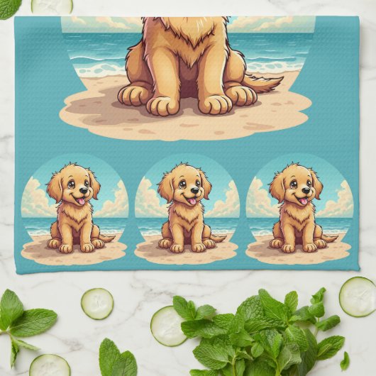 Cute Golden Puppy at Sunny Beach Scene Theedoek (Gevouwen)