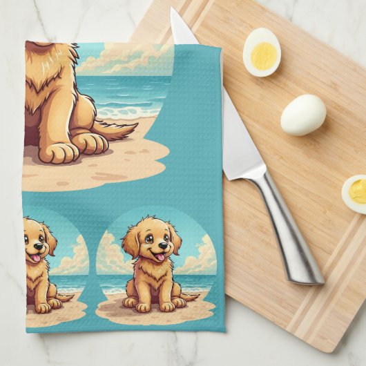 Cute Golden Puppy at Sunny Beach Scene Theedoek (Quarter Fold)