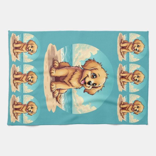 Cute Golden Puppy at Sunny Beach Scene Theedoek (Horizontaal)