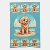Cute Golden Puppy at Sunny Beach Scene Theedoek (Verticaal)