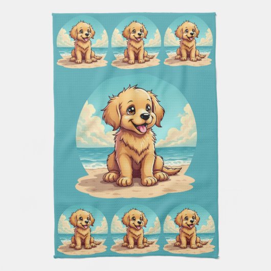 Cute Golden Puppy at Sunny Beach Scene Theedoek (Verticaal)