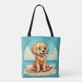 Cute Golden Puppy at Sunny Beach Scene Tote Bag (Achterkant)
