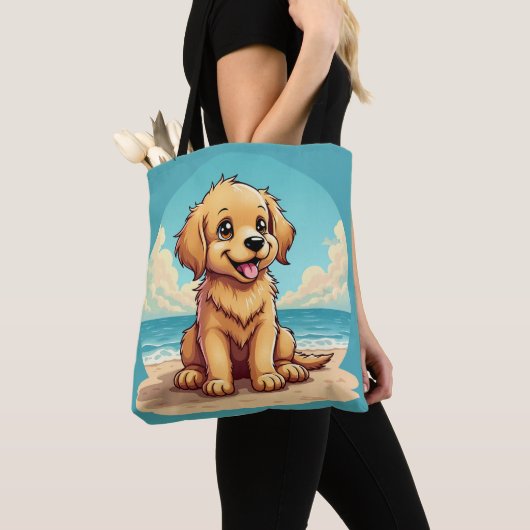 Cute Golden Puppy at Sunny Beach Scene Tote Bag (Dichtbij)