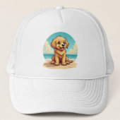 Cute Golden Puppy at Sunny Beach Scene Trucker Pet (Voorkant)