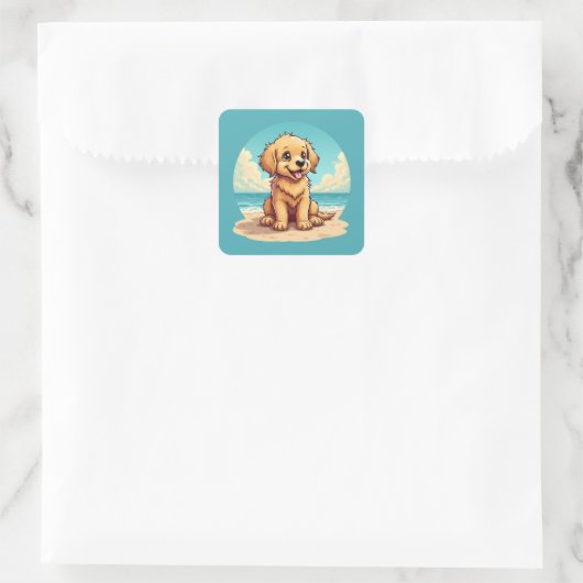 Cute Golden Puppy at Sunny Beach Scene Vierkante Sticker (Tas)