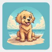 Cute Golden Puppy at Sunny Beach Scene Vierkante Sticker (Voorkant)