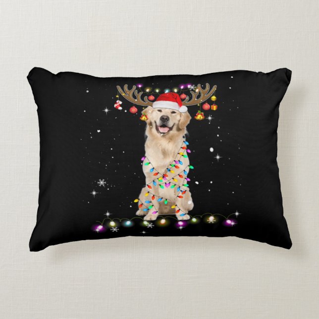 Cute Golden Retriever Christmas Lights Reindeer Accent Kussen (Voorkant)