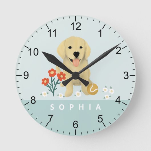Cute Golden Retriever Dog Floral Ronde Klok (Voorkant)