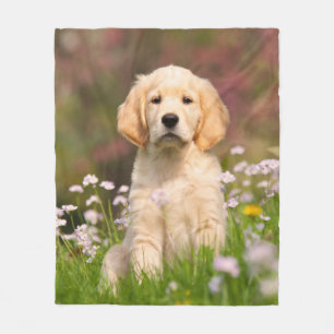Cute Golden Retriever Dog Puppy in Flowers Fleece Deken