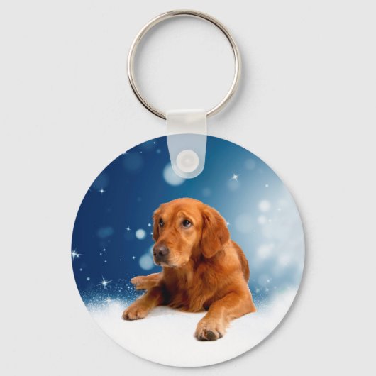 Cute Golden Retriever Dog Sitting in sneeuwtranen Sleutelhanger (Voorkant)