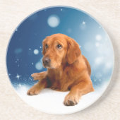 Cute Golden Retriever Dog Sitting in sneeuwtranen Zandsteen Onderzetter (Voorkant)