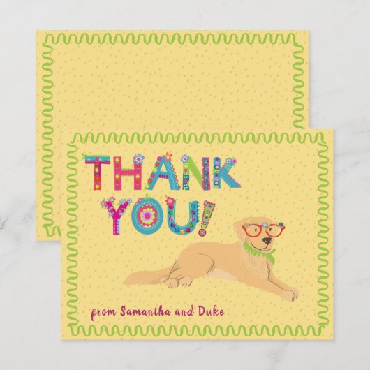 Cute Golden Retriever Fun Floral Letters    Bedankkaart (Voorkant / Achterkant)