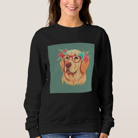 Cute Golden Retriever Illustration Floral Glasses Trui (Voorkant)