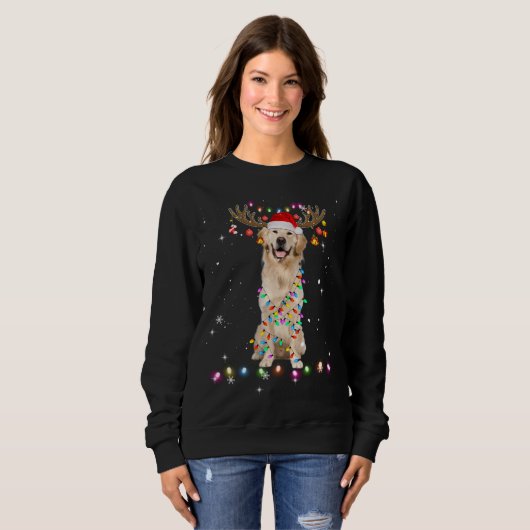 Cute Golden Retriever kerstlampjes Reindester Pa Trui (Voorkant volledig)