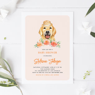 Cute Golden Retriever Peach Floral Baby shower Kaart