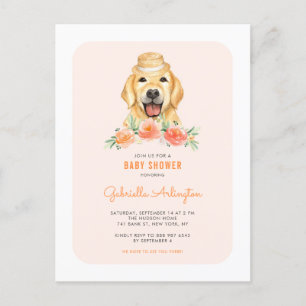 Cute Golden Retriever Peach Floral Baby shower Uitnodiging Briefkaart