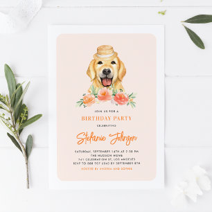 Cute Golden Retriever Peach Floral Kids Birthday Kaart