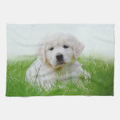 Cute Golden Retriever Puppy Dog Green Grass Theedoek (Horizontaal)