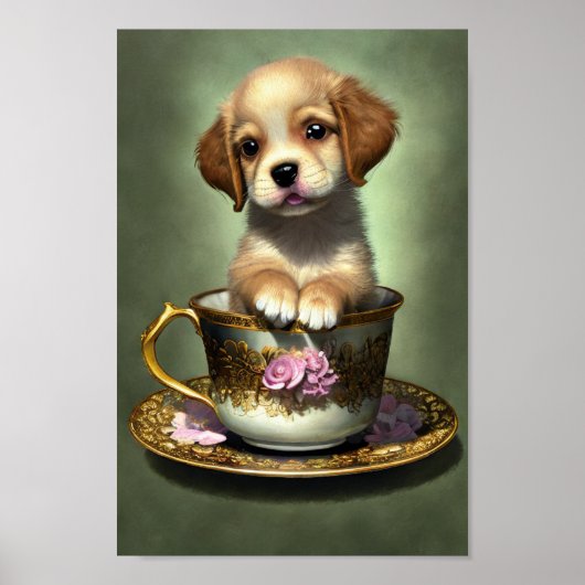 Cute Golden Retriever Puppy in een Teacup Poster (Voorkant)