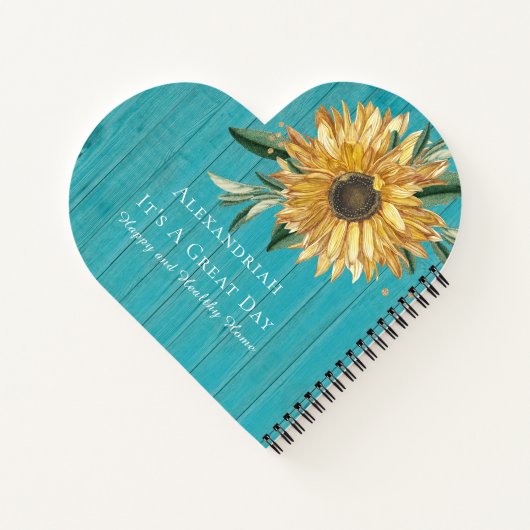 Cute Golden Sunflower Blauwgroen Blue Wood Heart S Notitieboek (Achterkant)