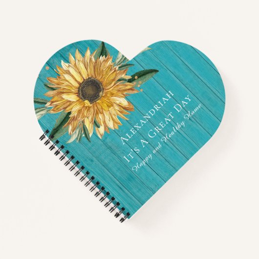 Cute Golden Sunflower Blauwgroen Blue Wood Heart S Notitieboek (Voorkant)