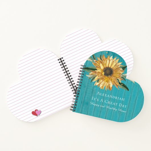 Cute Golden Sunflower Blauwgroen Blue Wood Heart S Notitieboek (Binnen)