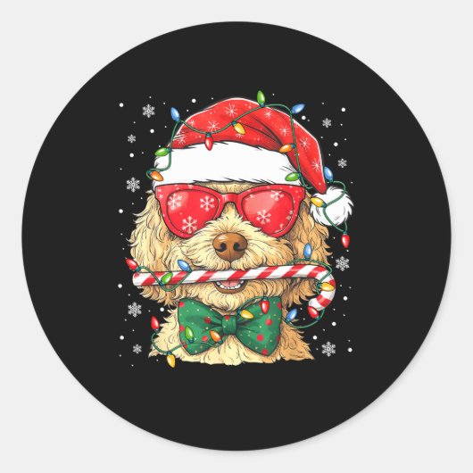 Cute Goldendoodle Santa Hat Xmas Lights Goldendood Ronde Sticker (Voorkant)