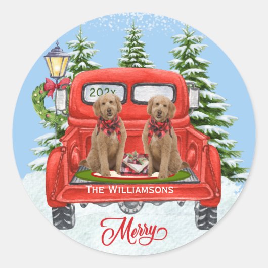 Cute Goldenle Puppies  Red Truck Ronde Sticker (Voorkant)