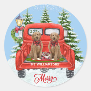 Cute Goldenle Puppies  Red Truck Ronde Sticker