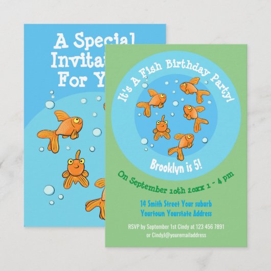 Cute Goldfish cartoon verjaardaguitnodiging Kaart (Voorkant / Achterkant)
