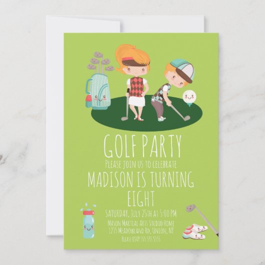 Cute Golf Birthday Party Boy Girl Green Invitation Kaart (Voorkant)