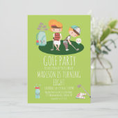 Cute Golf Birthday Party Boy Girl Green Invitation Kaart (Staand voorkant)