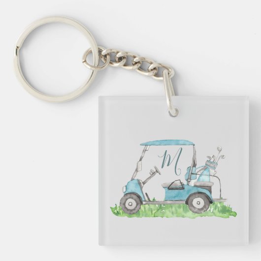 Cute Golf Cart Blue Waterverf Monogram Sleutelhanger (voorkant)