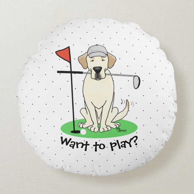 Cute Golf Yellow Labrador Retriever Dog Rond Kussen (Voorkant)