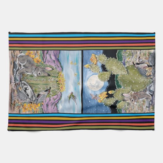 Cute Good Day Night Southwest Animal Desert Cactus Theedoek (Horizontaal)