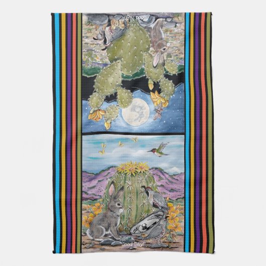 Cute Good Day Night Southwest Animal Desert Cactus Theedoek (Verticaal)