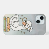 Cute Goose With Glasses Reading Books Illustration iPhone 15 Case (Achterkant horizontaal)