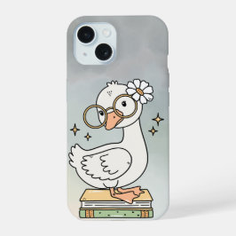 Cute Goose With Glasses Reading Books Illustration iPhone 15 Case