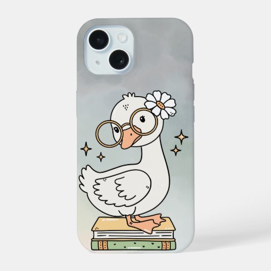 Cute Goose With Glasses Reading Books Illustration iPhone 15 Case (Achterkant)