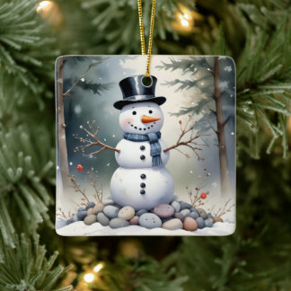 Cute Gorgeous Snowman Frosted Landscape Forest Keramisch Ornament