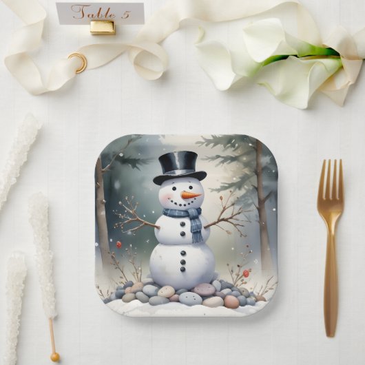 Cute Gorgeous Snowman Frosted Landscape Forest Papieren Bordje (Huwelijk)