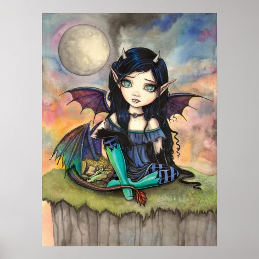 Cute Gothic Big-Eye Fairy and Dragon Fantasy Art Poster (Voorkant)