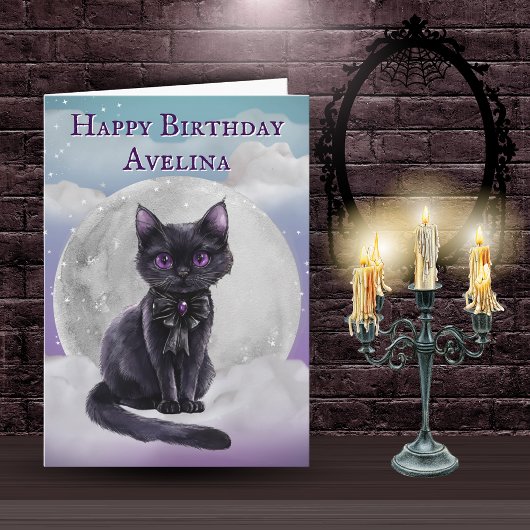 Cute Gothic Black Cat Full Moon Birthday Card Kaart