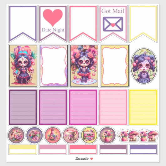 Cute Gothic Garden Sugar Skull 3 Planner Stickers (Vel)
