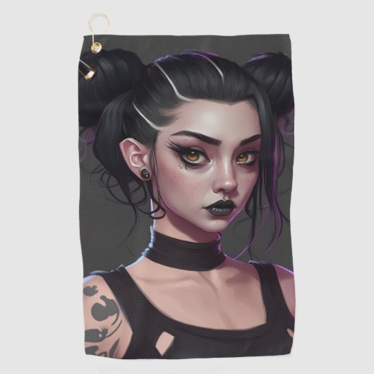 Cute Gothic Girl met Buns en Tattoos Golfhanddoek (Voorkant)