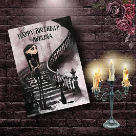 Cute Gothic Girl With Her Black Cat Birthday Card Kaart