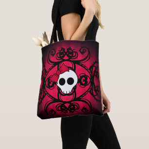 Cute Gothic girly skull met boogrood en zwart Tote Bag